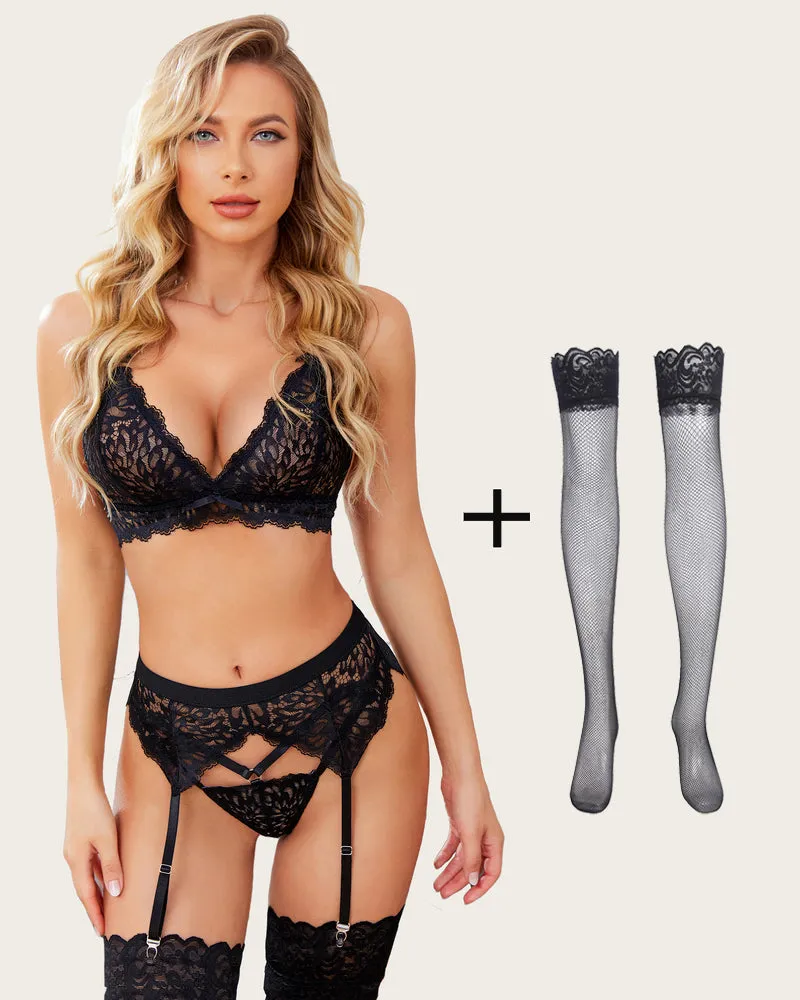 3 Piece Lace Leaves Bra and Panty Set with Garter Blet