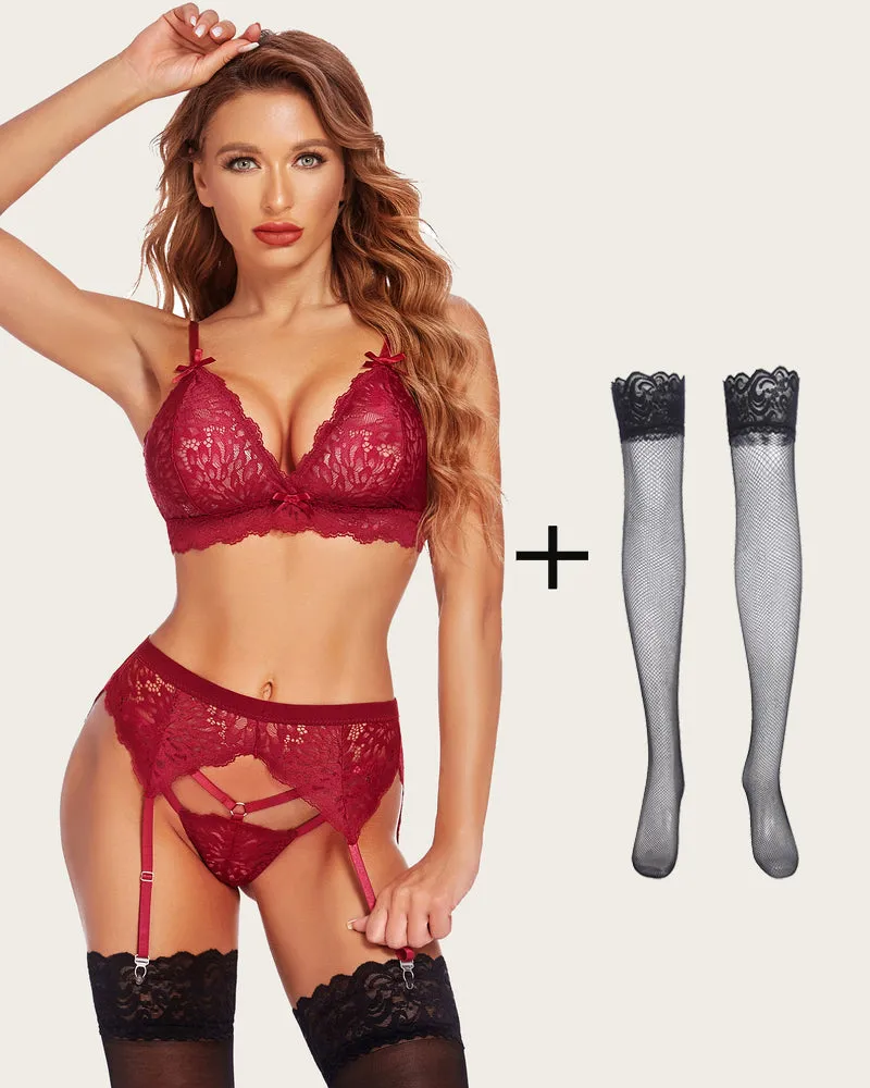 3 Piece Lace Leaves Bra and Panty Set with Garter Blet