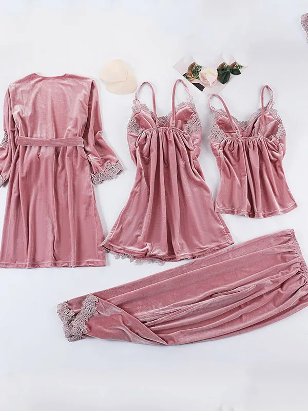 4pcs Lace Stitching Velvet Pajama Set