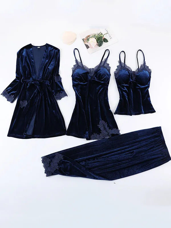 4pcs Lace Stitching Velvet Pajama Set