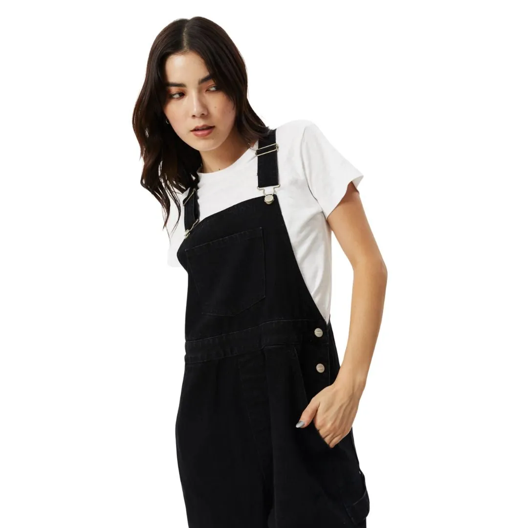 Afends Womens Louis Organic Denim Oversized Overalls - Washed Black