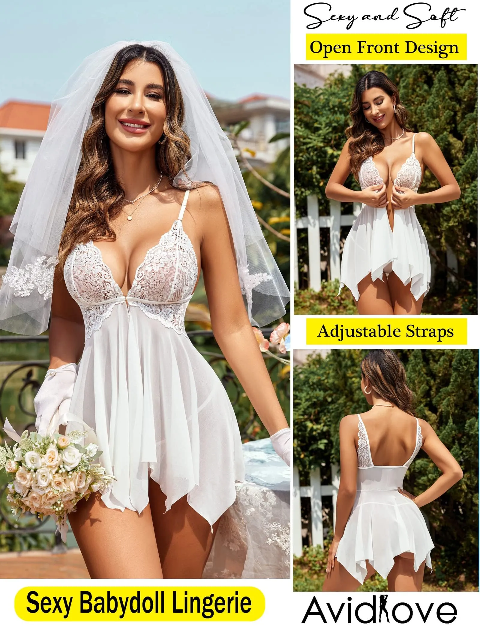 Avidlove Wedding Lingerie for Women Lace Babydoll Strap Chemise Sleepwear Honeymoon Nightwear White