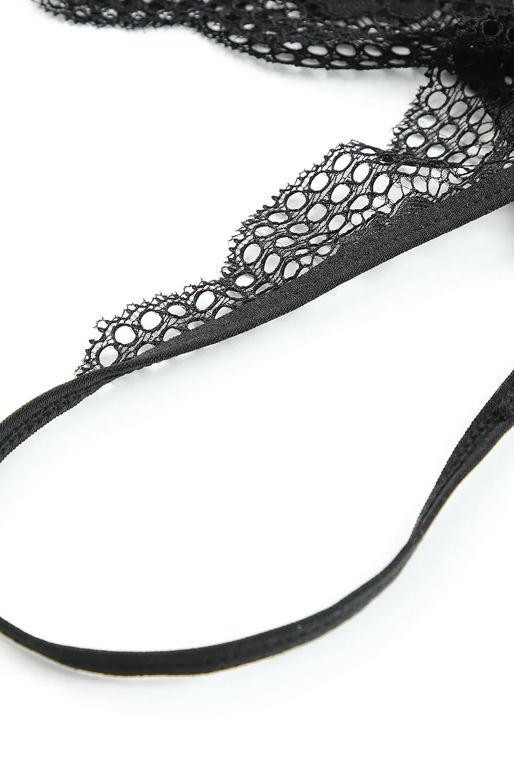 Black 2Pcs Lace Open Cut Chain Decor Lingerie Set