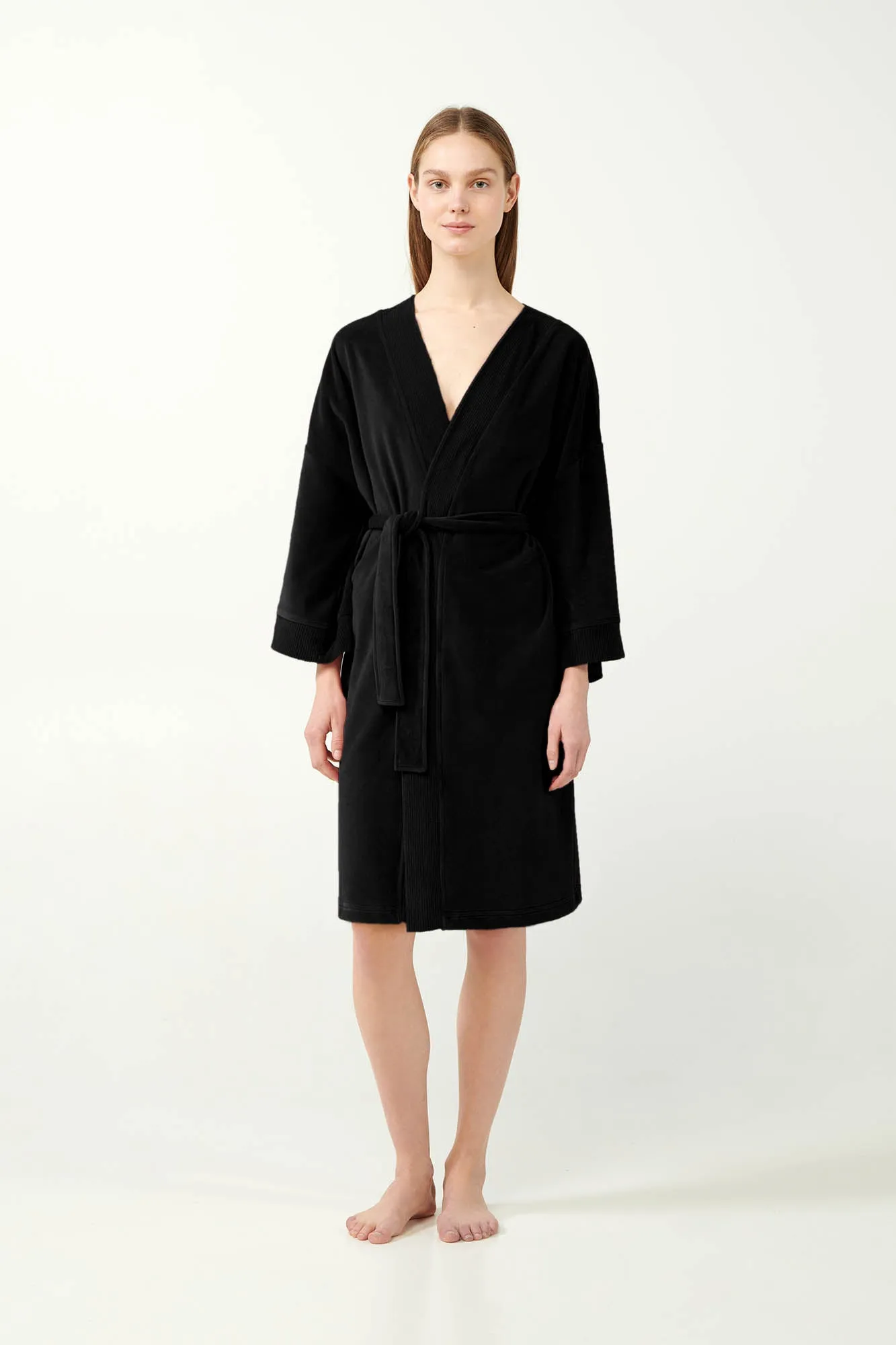 Black Cotton Velvet Robe / Dressing Gown By Vamp - S-3XL