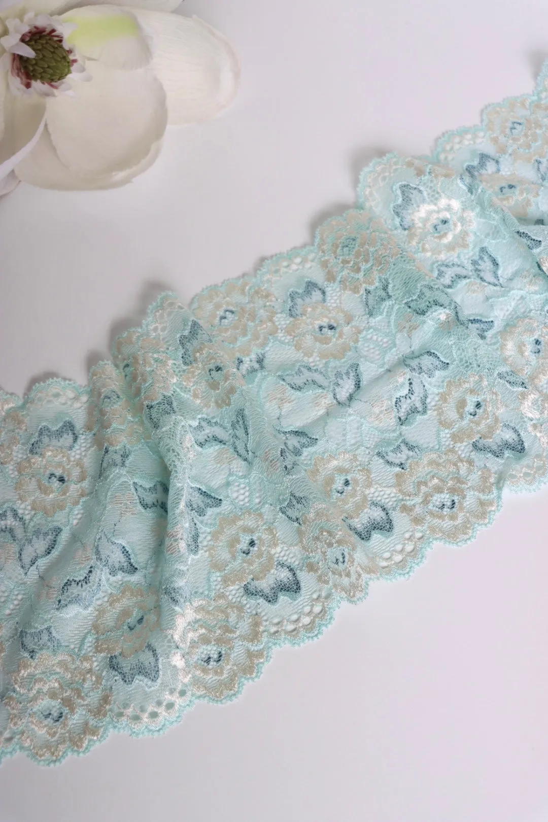 Blue & Beige Floral 7" Wide Stretch Lace