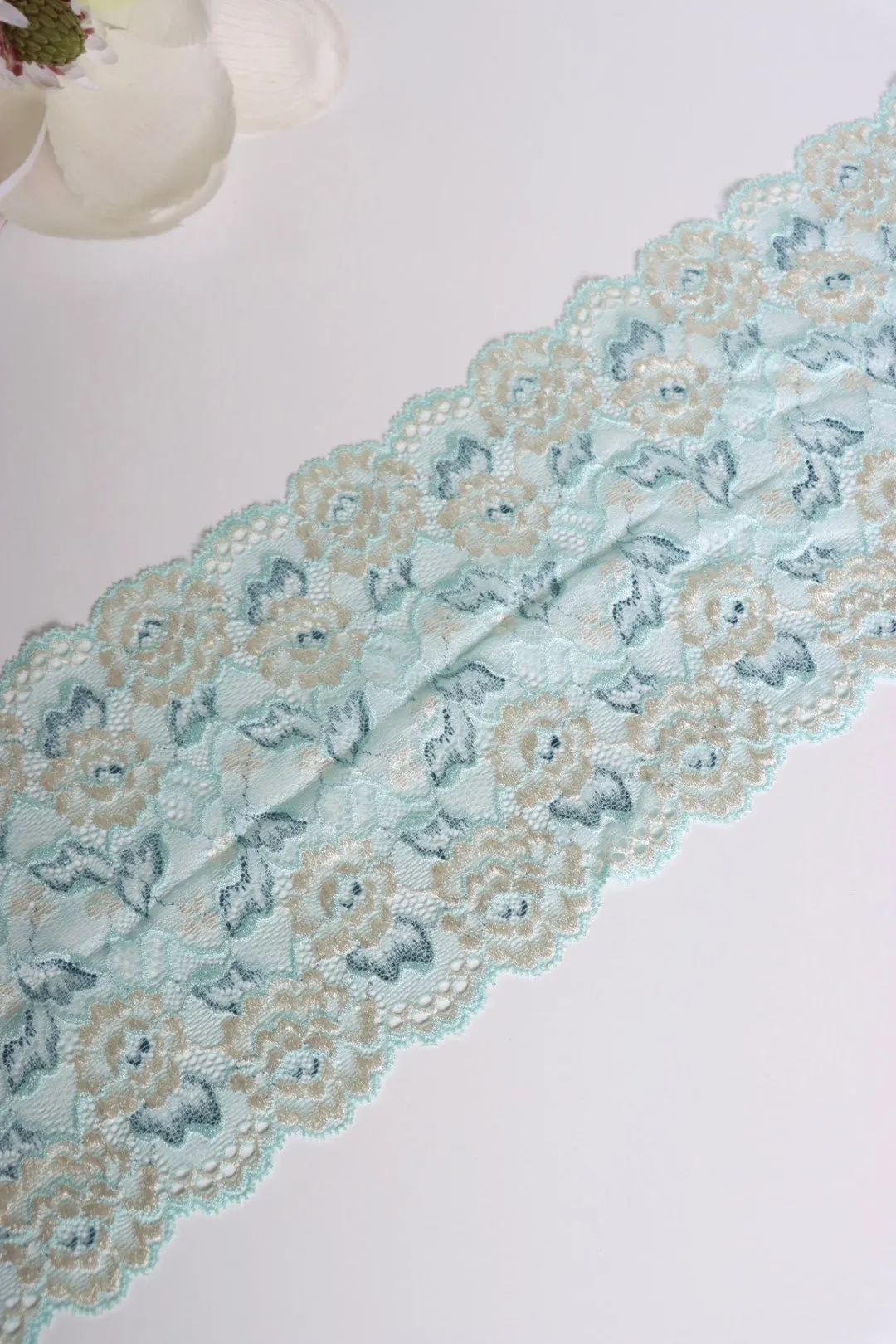 Blue & Beige Floral 7" Wide Stretch Lace