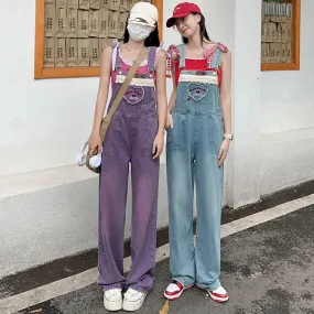 Bonnyshow Y2k Purple Retro Overalls Baggy Jeans For Women's Fashion Summer Casual Female Romper Jumpsuit Denim Trousers Loose Pants Korean