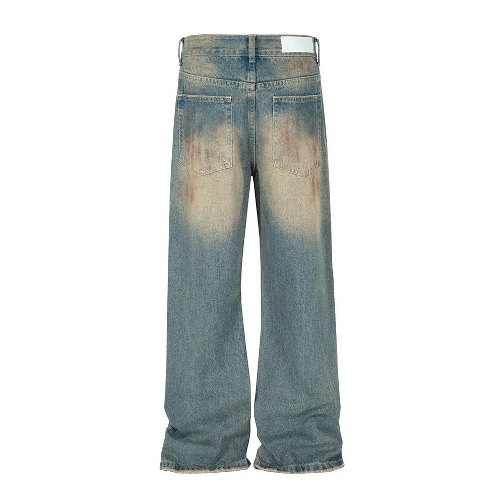 Bonsir Handmade Distressed Mud Dyed Dirty Baggy Blue Jeans for Men Straight Baggy Casual Overalls Harajuku Loose Denim Trousers