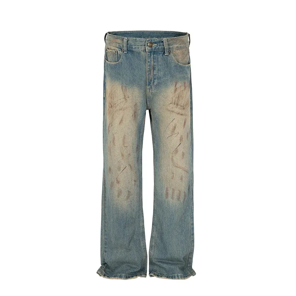 Bonsir Handmade Distressed Mud Dyed Dirty Baggy Blue Jeans for Men Straight Baggy Casual Overalls Harajuku Loose Denim Trousers