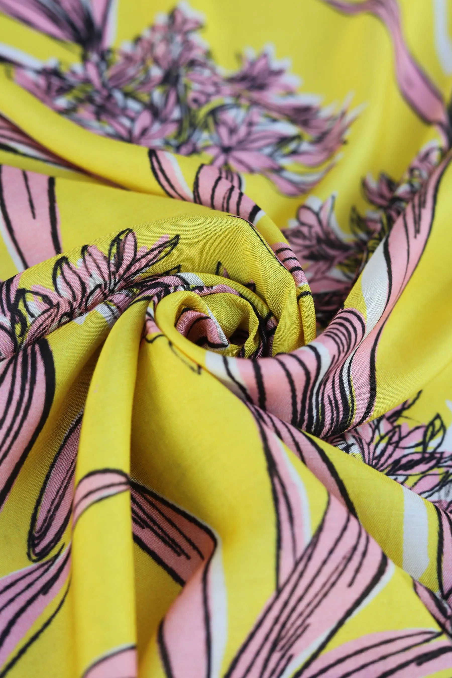 Bright Yellow Pink Floral Pattern Printed Natural Muslin Silk Fabric