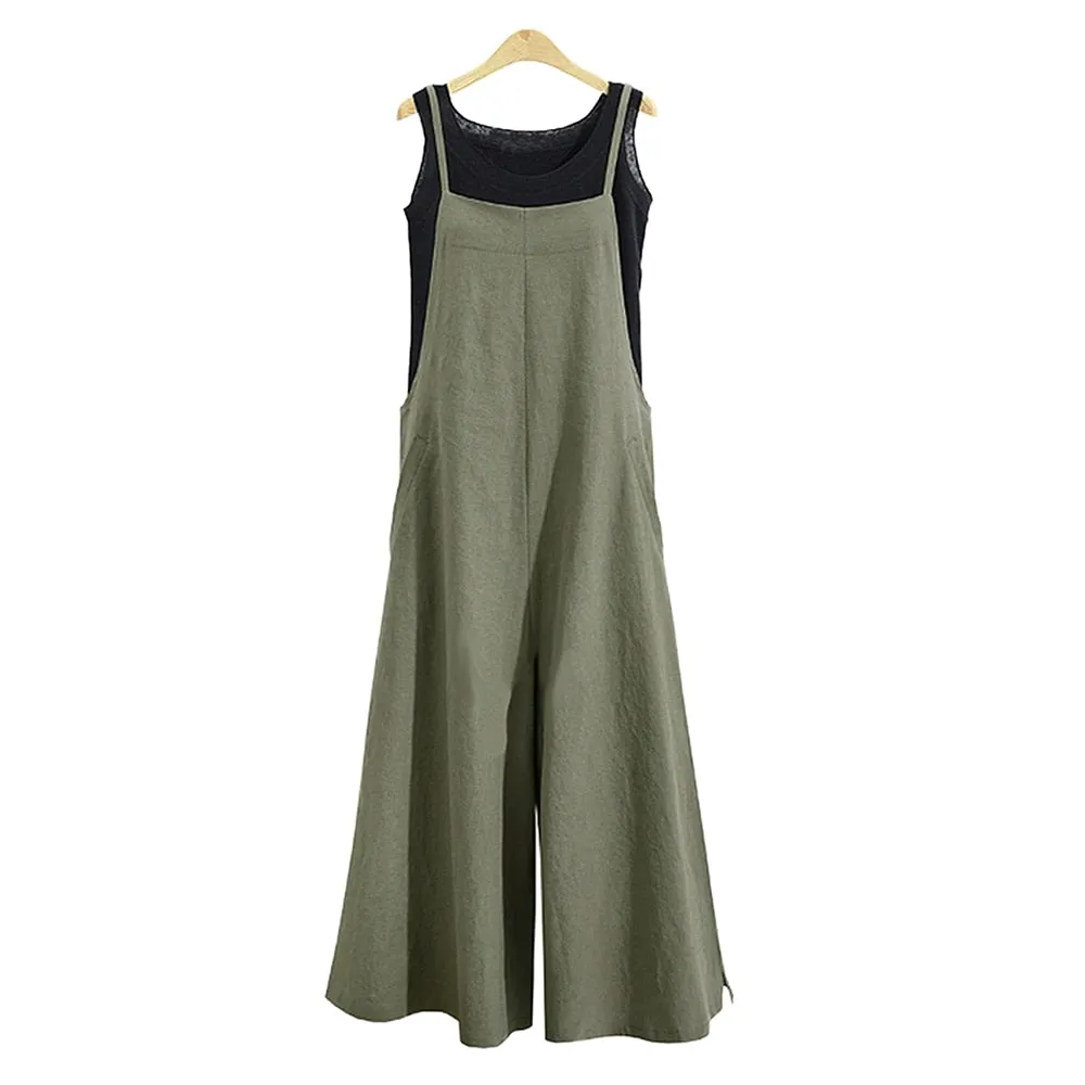 Casual Loose Baggy Linen Jumpsuit - Wide Leg Dungaree Style Baggy Overalls