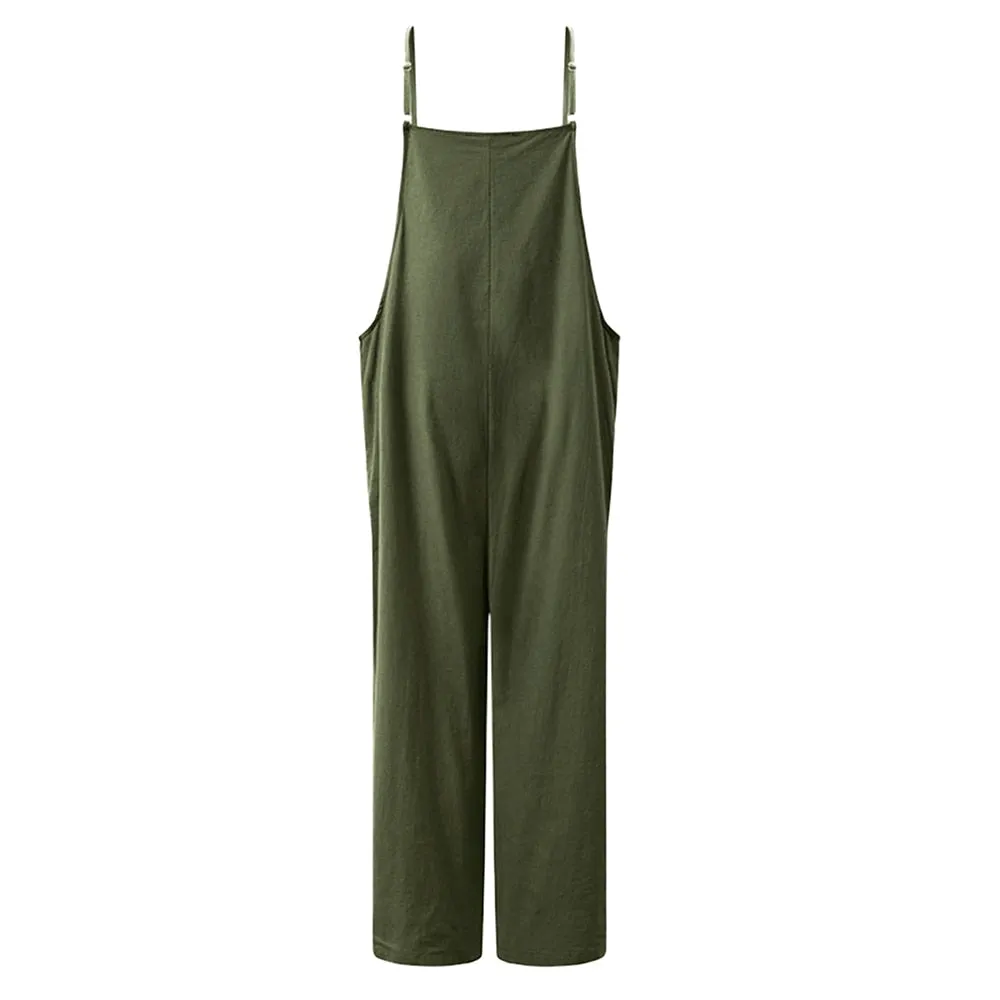 Casual Loose Baggy Linen Jumpsuit - Wide Leg Dungaree Style Baggy Overalls