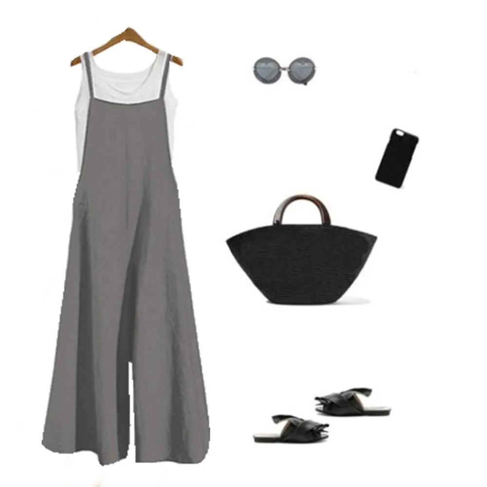 Casual Loose Baggy Linen Jumpsuit - Wide Leg Dungaree Style Baggy Overalls