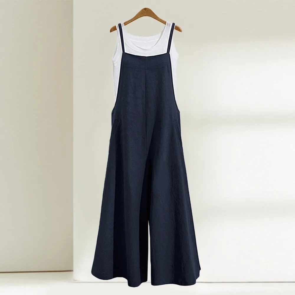 Casual Loose Baggy Linen Jumpsuit - Wide Leg Dungaree Style Baggy Overalls