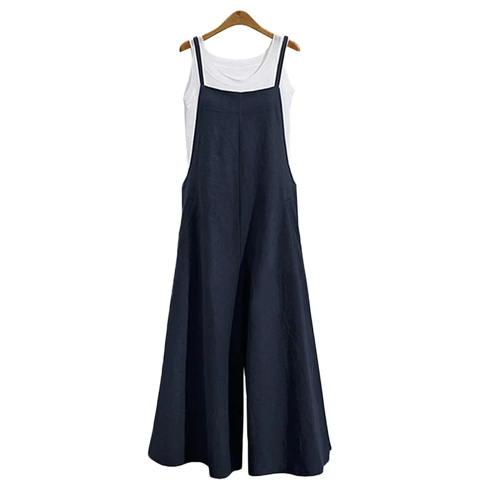 Casual Loose Baggy Linen Jumpsuit - Wide Leg Dungaree Style Baggy Overalls