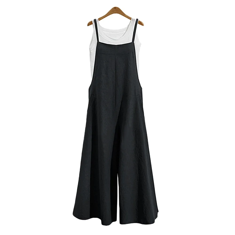 Casual Loose Baggy Linen Jumpsuit - Wide Leg Dungaree Style Baggy Overalls