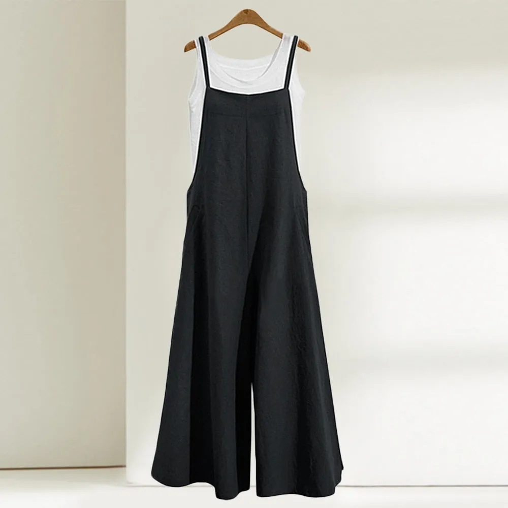 Casual Loose Baggy Linen Jumpsuit - Wide Leg Dungaree Style Baggy Overalls