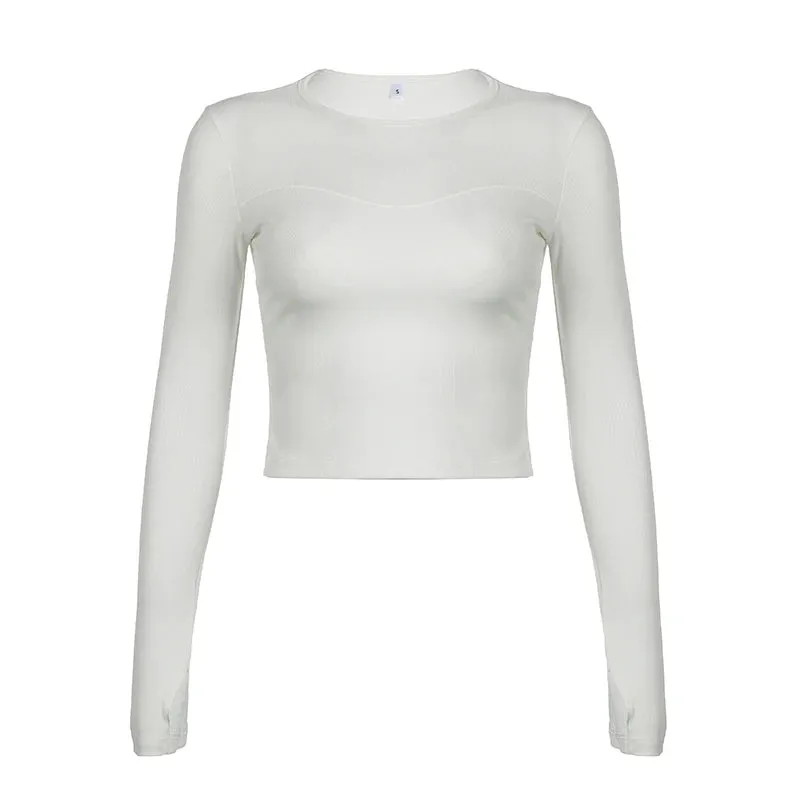 Casual White Skinny Stitch Long Sleeve Women T shirts Solid Basic Crop Top O-Neck All-Match Fashion Korean Tee Shirts