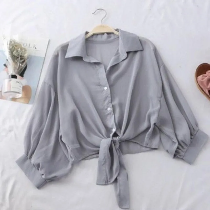 Chiffon Women New  Shirts Summer Half Sleeve Buttoned Up Loose Casual Sunny Shirts Female Tied Waist Elegant White Tops