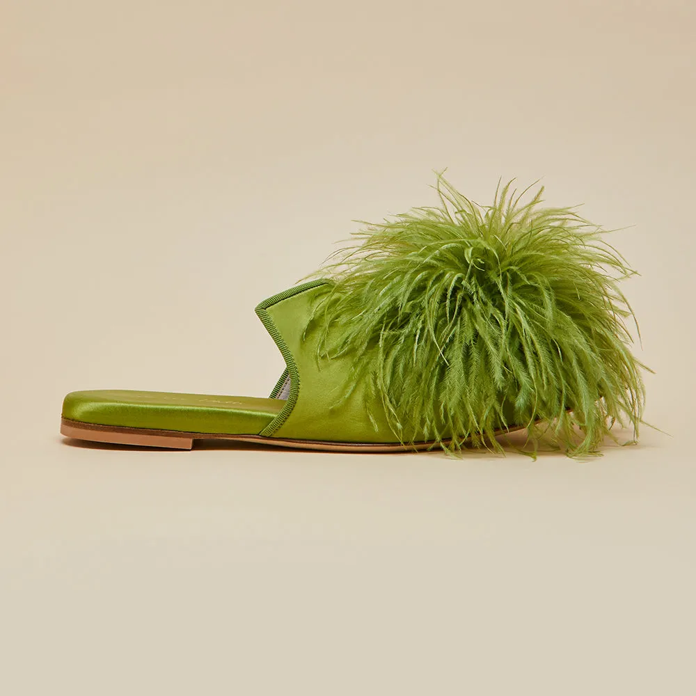 Contessa Niko Green  Slippers in Silk Feather