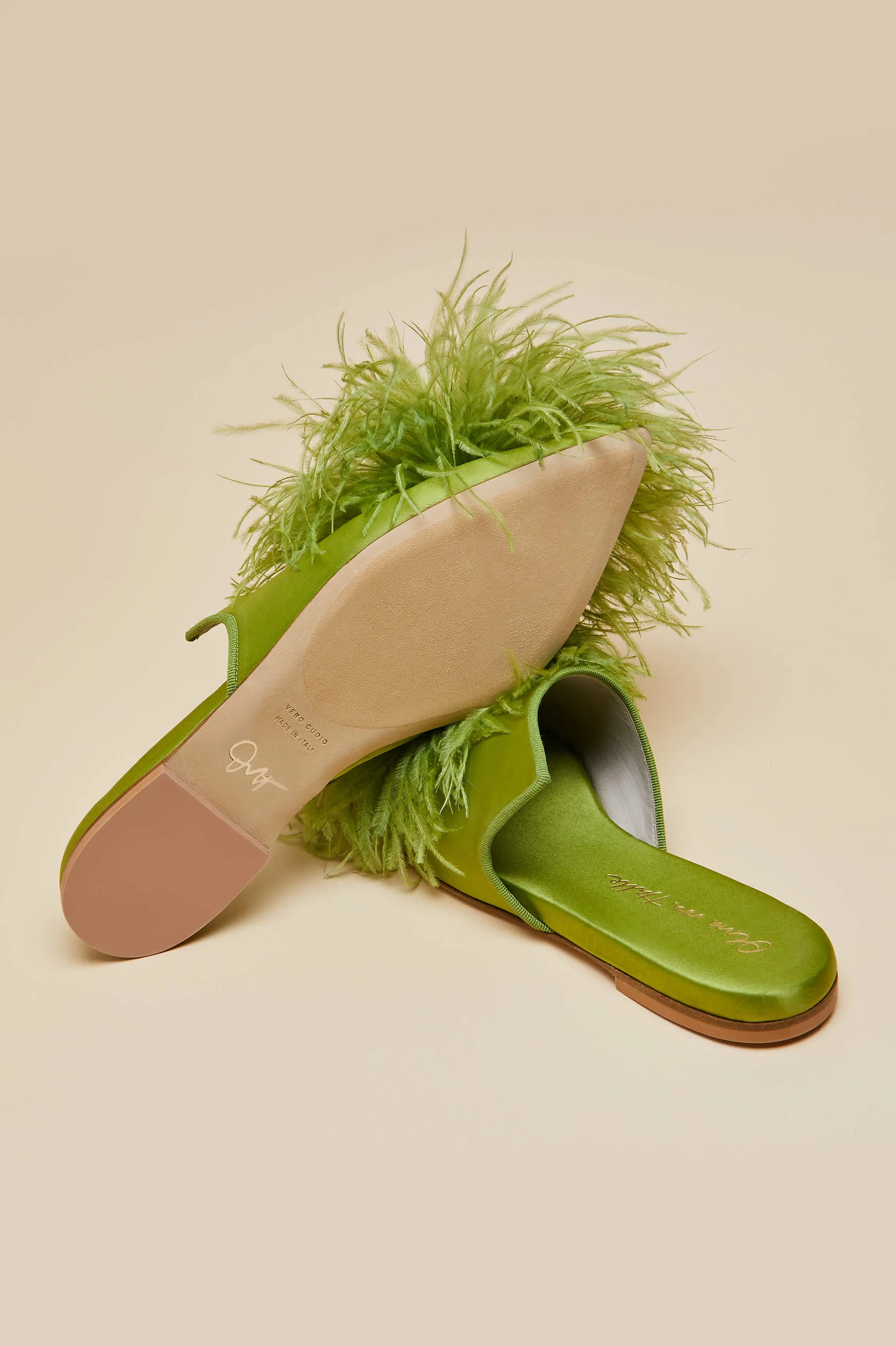 Contessa Niko Green  Slippers in Silk Feather