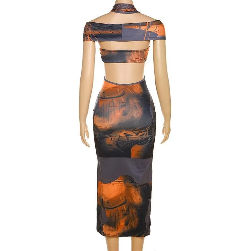 Contrast print off shoulder halter hollow out o ring cut out midi dress