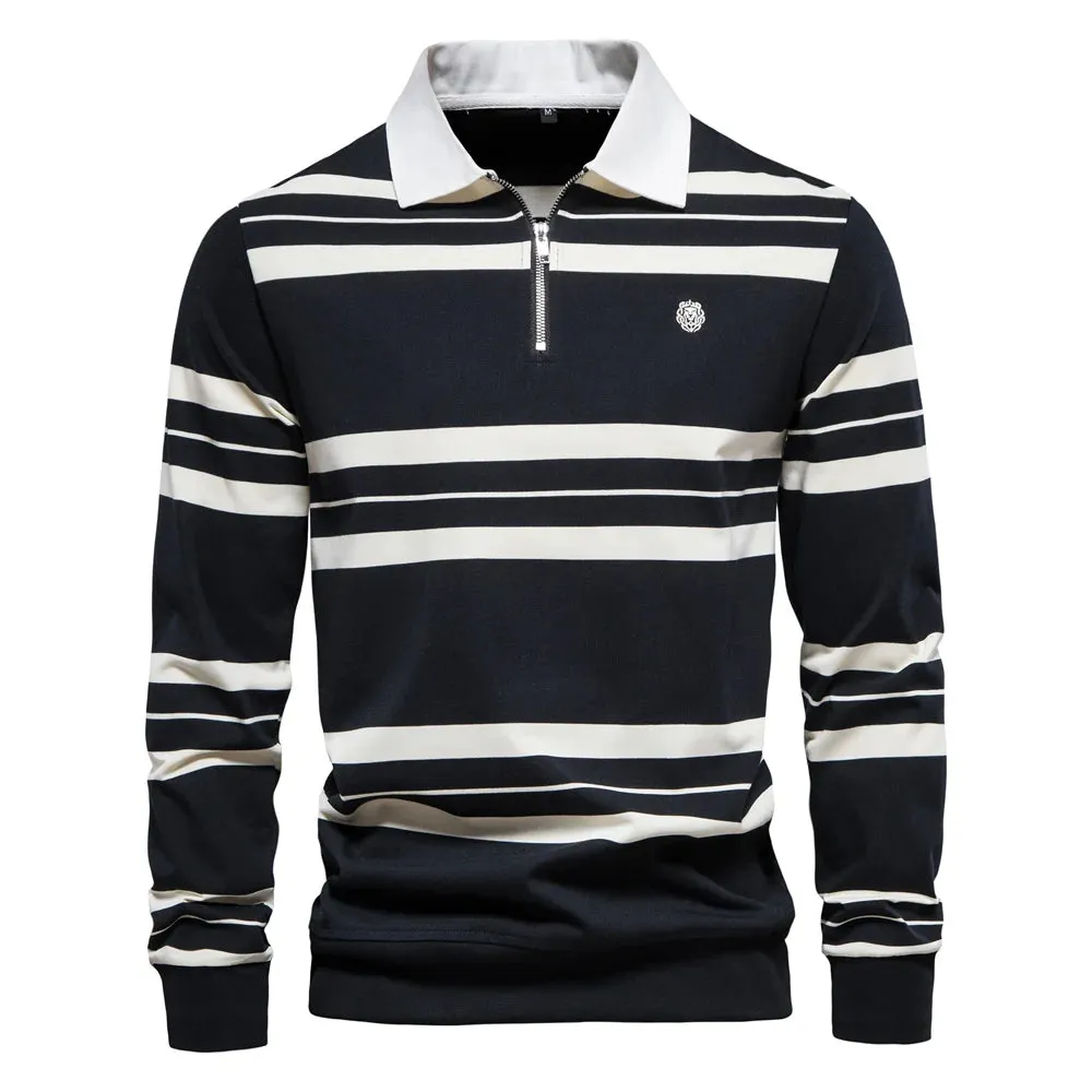 Cotton Long Sleeve Men's Polo Shirts Cotton Striped Zipper Polo Shirts for Men New Spring Designer Men Clothing