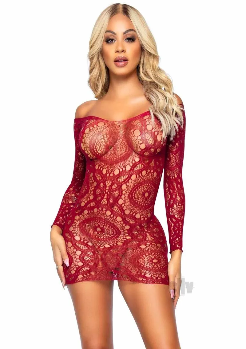 Crotchet Lace Long Sleeve Mini Dress - One Size - Burgundy