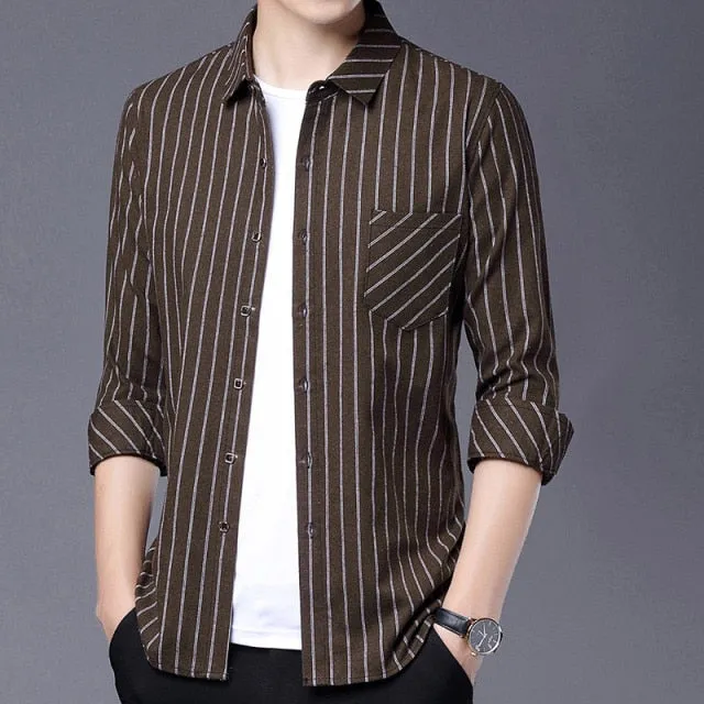 Folded Sleeve Style Vertical Striped Shirt