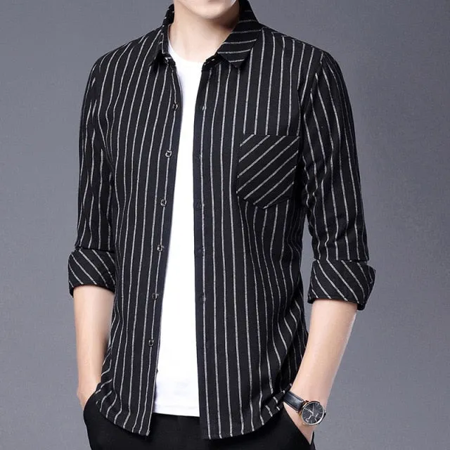 Folded Sleeve Style Vertical Striped Shirt