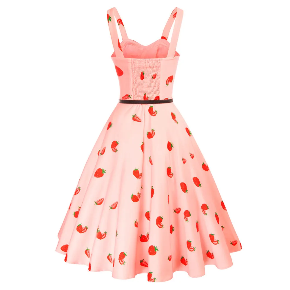 Fruit Printed Sweetheart Neck Flared 1950s Sleeveless A-Line Dress with Belt