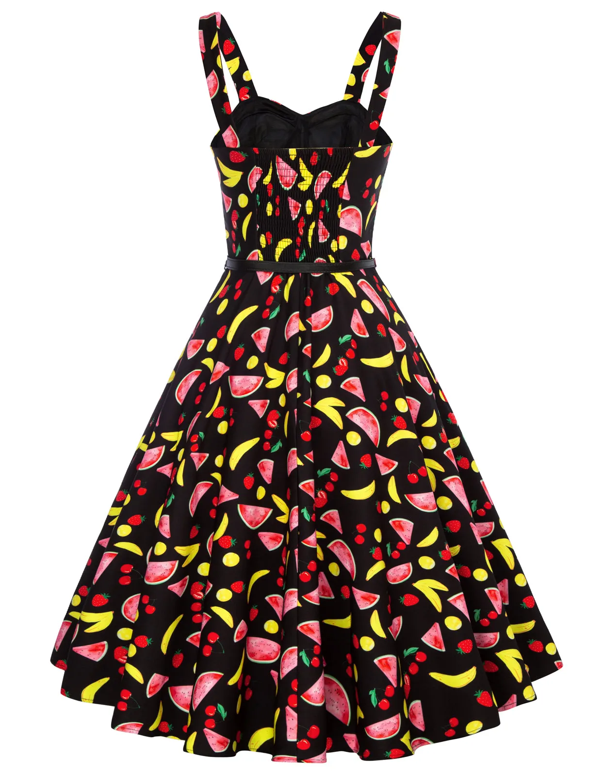 Fruit Printed Sweetheart Neck Flared 1950s Sleeveless A-Line Dress with Belt