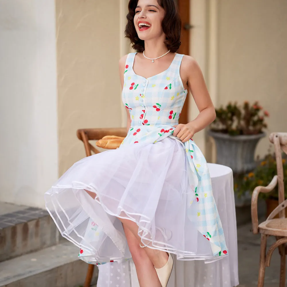 Fruit Printed Sweetheart Neck Flared 1950s Sleeveless A-Line Dress with Belt