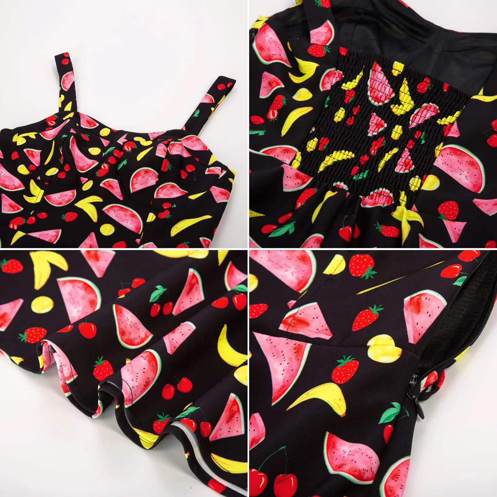 Fruit Printed Sweetheart Neck Flared 1950s Sleeveless A-Line Dress with Belt