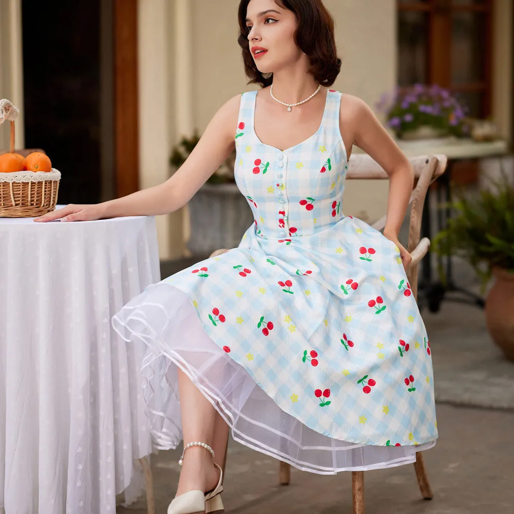 Fruit Printed Sweetheart Neck Flared 1950s Sleeveless A-Line Dress with Belt