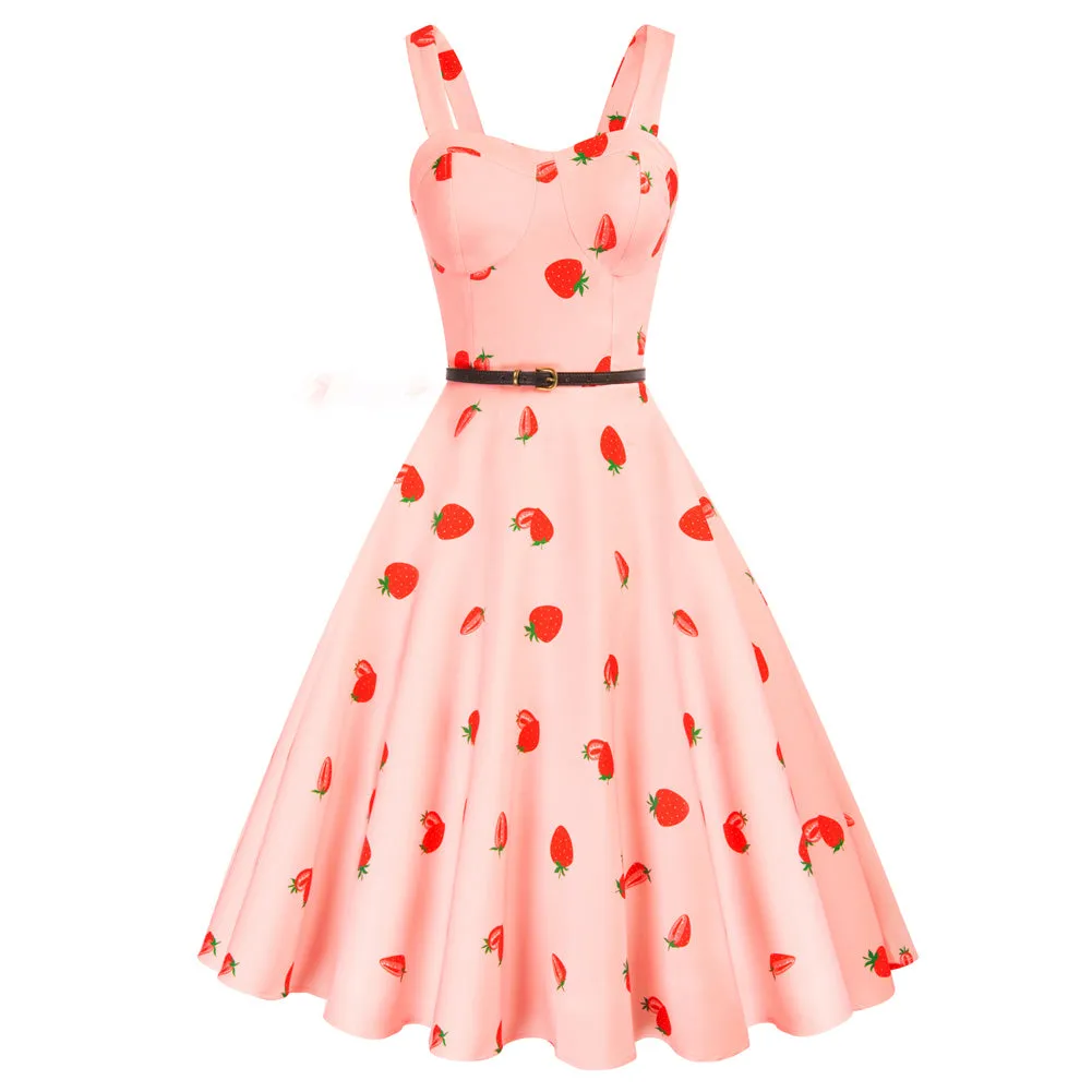 Fruit Printed Sweetheart Neck Flared 1950s Sleeveless A-Line Dress with Belt