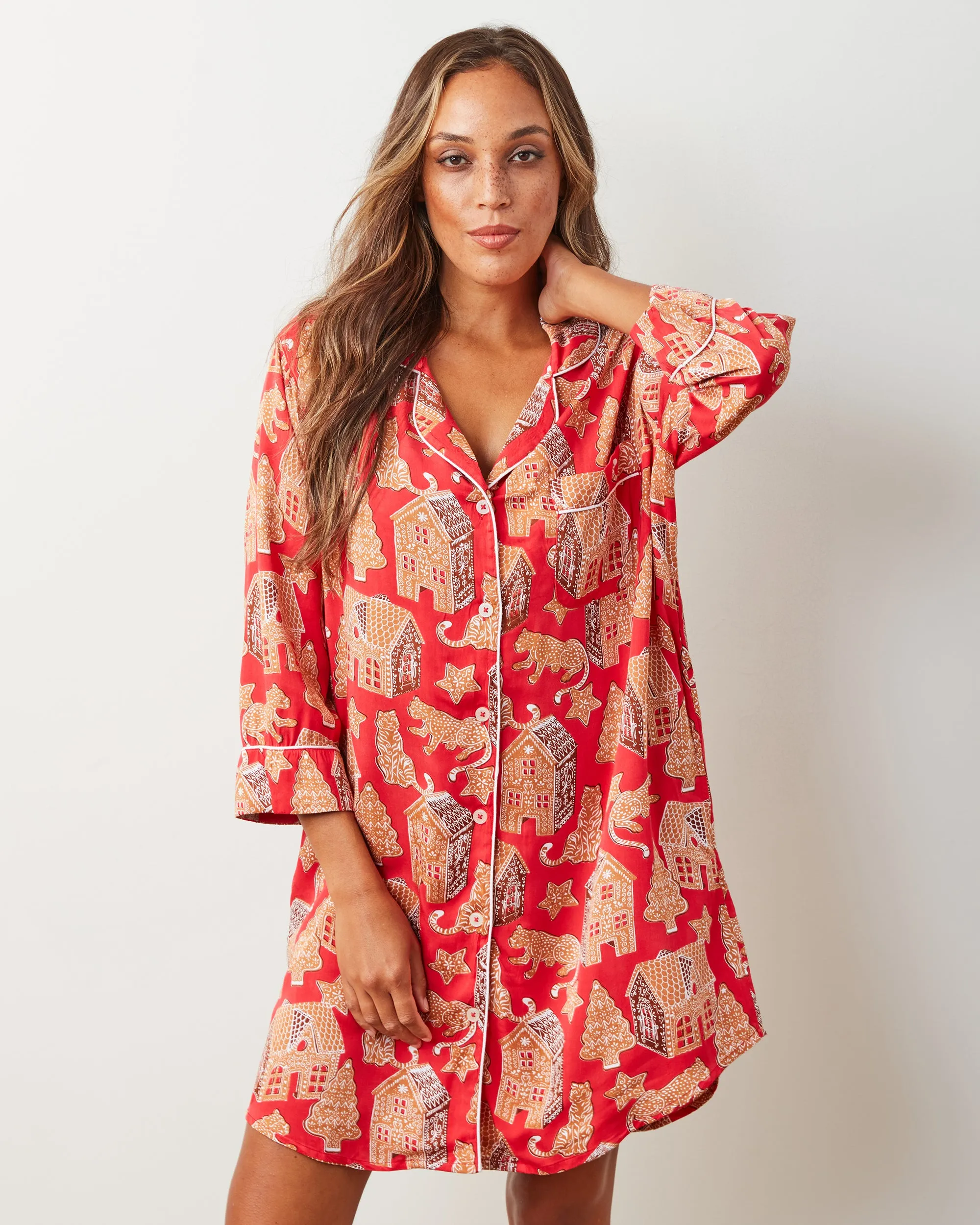 Gingerbread Party - Satin Sleep Shirt - Ruby