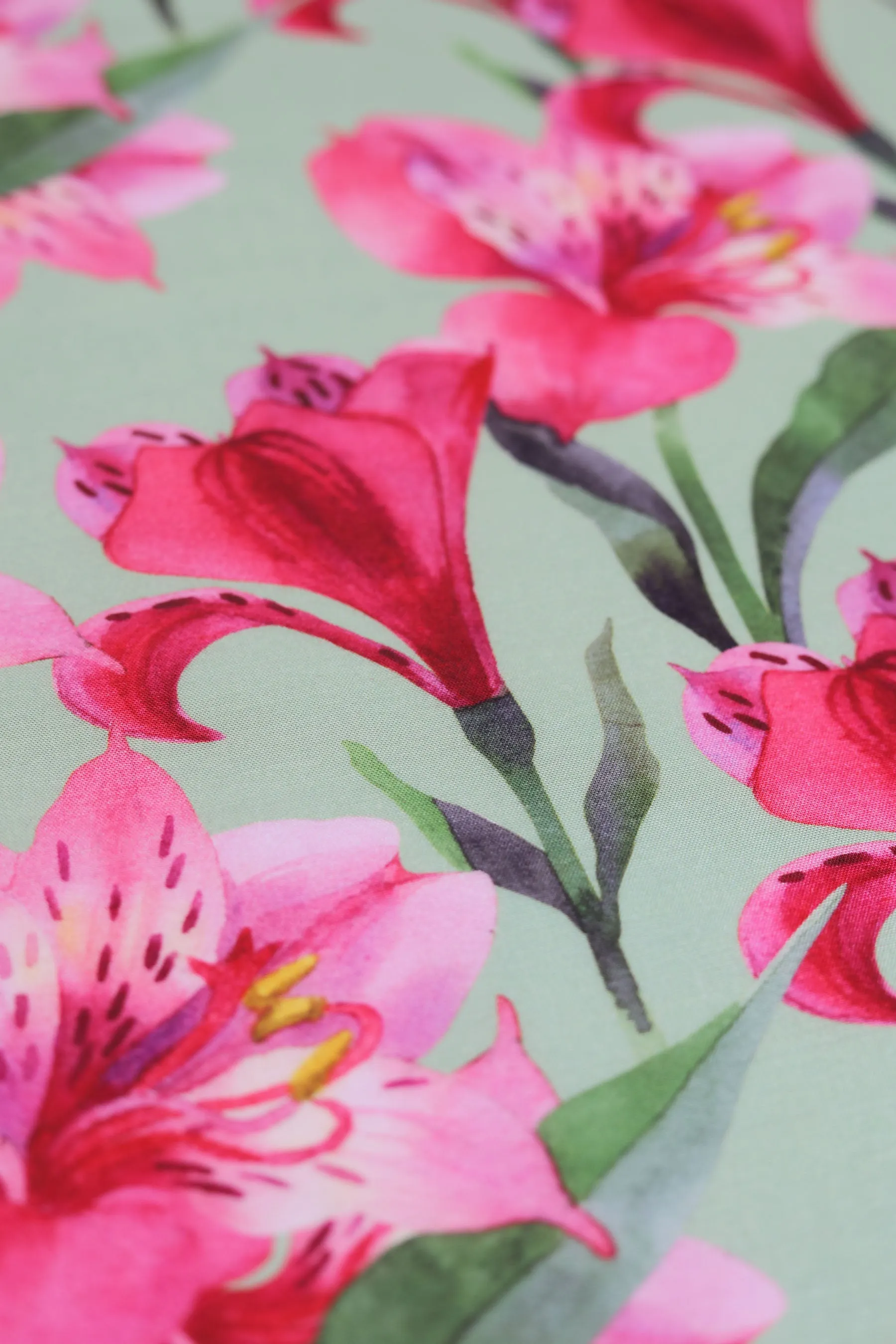 Green and Pink Lilies Pattern Printed Natural Muslin Silk Fabric