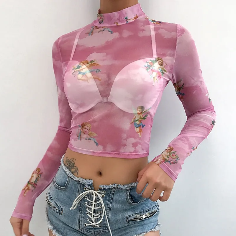 Harajuku Mesh Crop Top Vintage Kawaii Graphic Sexy See Through Turtleneck Long Sleeve