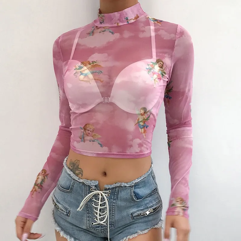 Harajuku Mesh Crop Top Vintage Kawaii Graphic Sexy See Through Turtleneck Long Sleeve