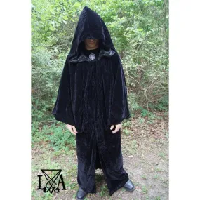 High Quality Black velvet with Black Satin Lining.  Hooded Sorcerer Robe