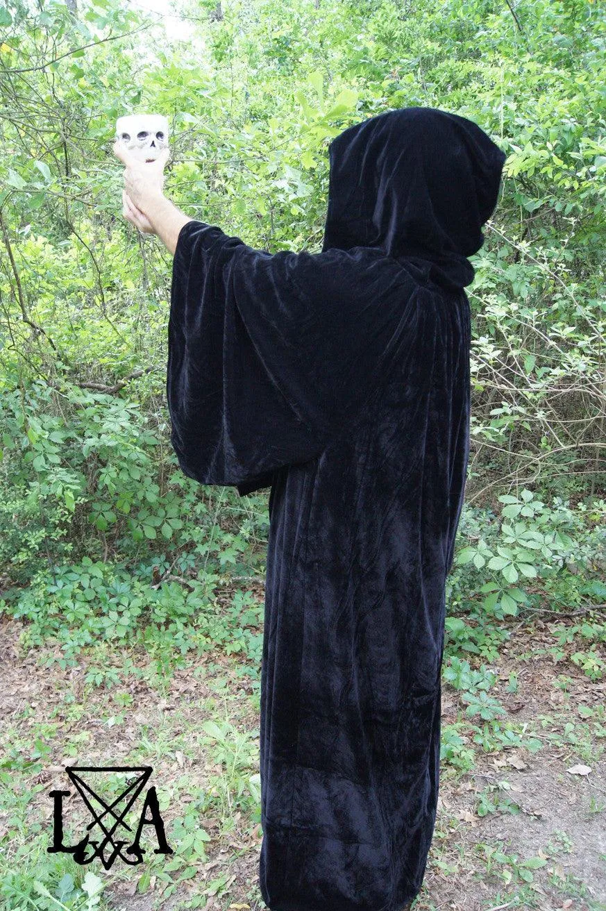 High Quality Black velvet with Black Satin Lining.  Hooded Sorcerer Robe