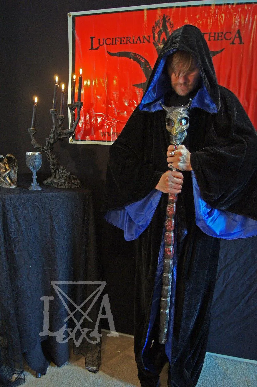 High Quality Black velvet with Blue Satin Lining.  Hooded Sorcerer Robe