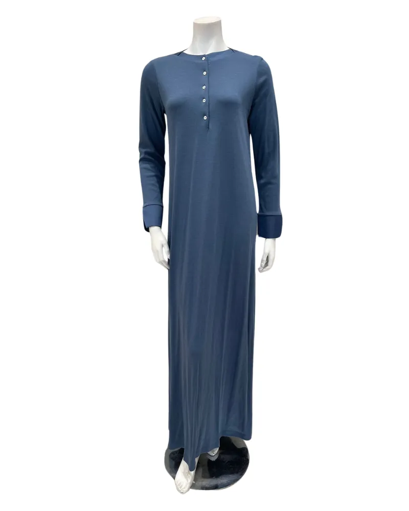 Iora Lingerie Denim Blue Satin Trim Button Down Cotton Blend Nightgown