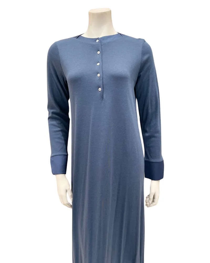 Iora Lingerie Denim Blue Satin Trim Button Down Cotton Blend Nightgown