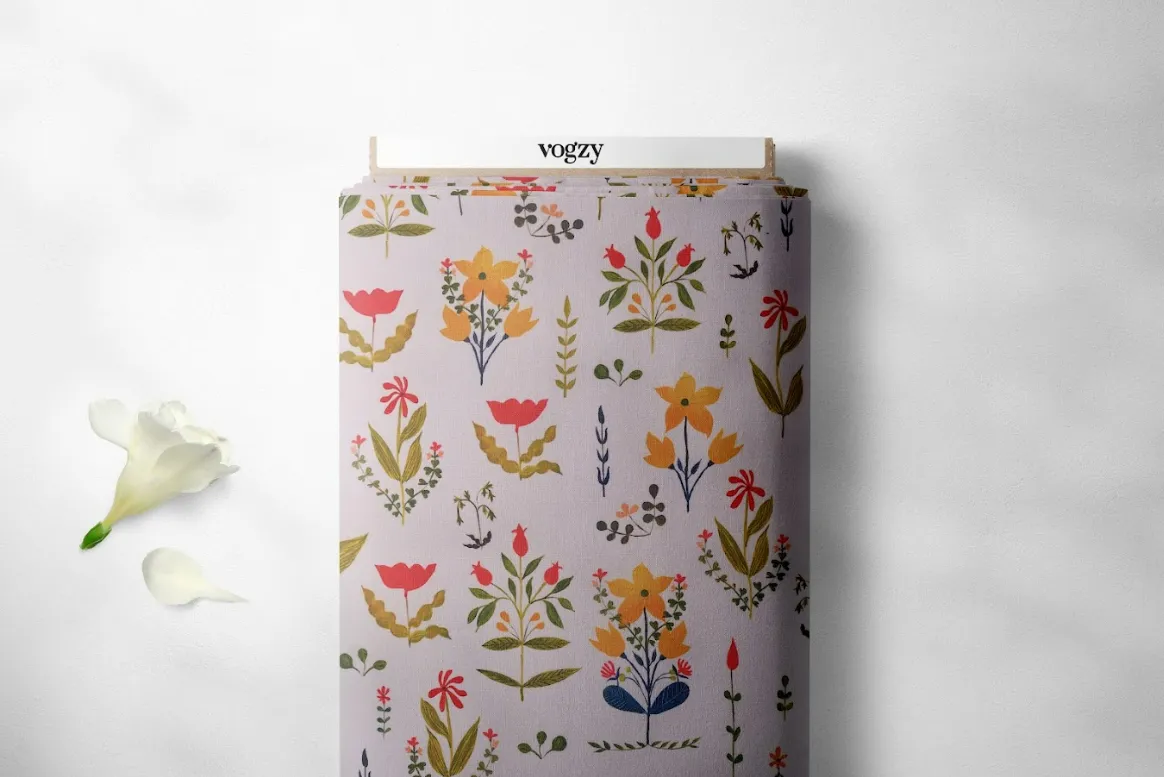 Ivory Ethnic Style Floral Pattern Printed Muslin Fabric