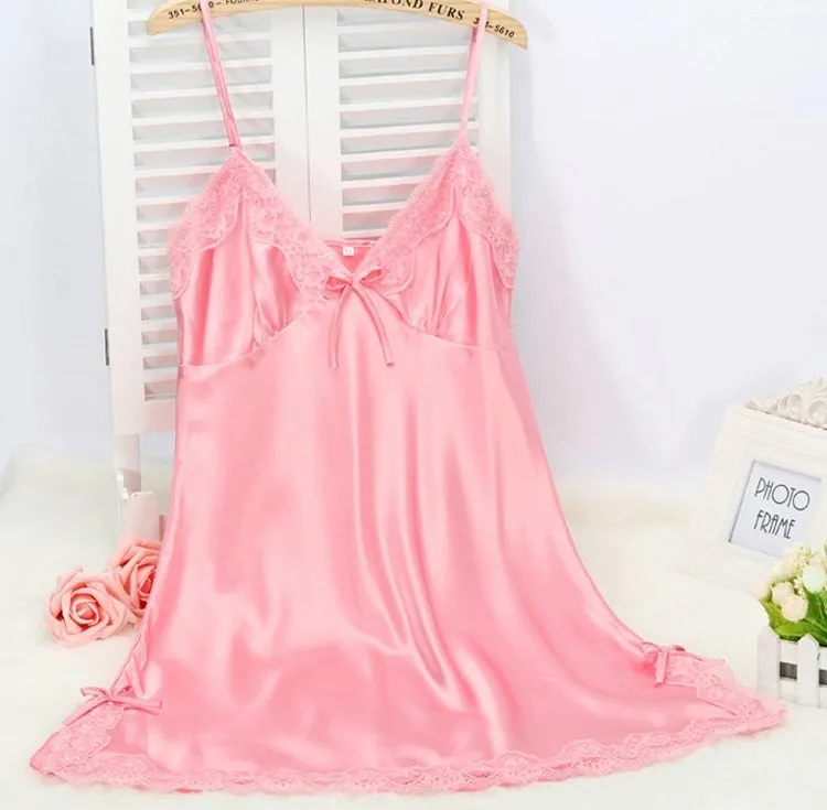 Ladies Sexy Silk Sleepwear Satin Nightgown V-Neck Nightdress Slip Nighties Summer Night Dress Lace Gown Lingerie For Women