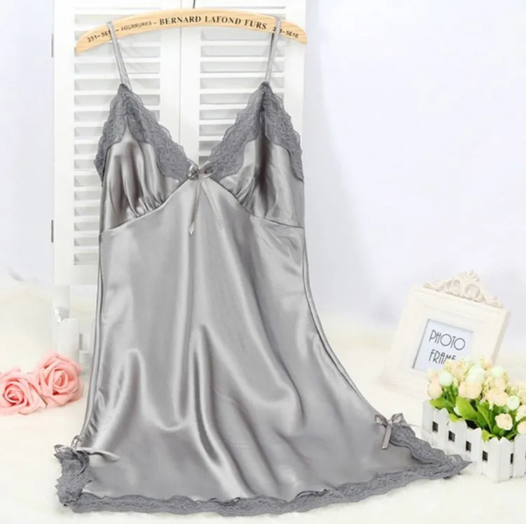 Ladies Sexy Silk Sleepwear Satin Nightgown V-Neck Nightdress Slip Nighties Summer Night Dress Lace Gown Lingerie For Women