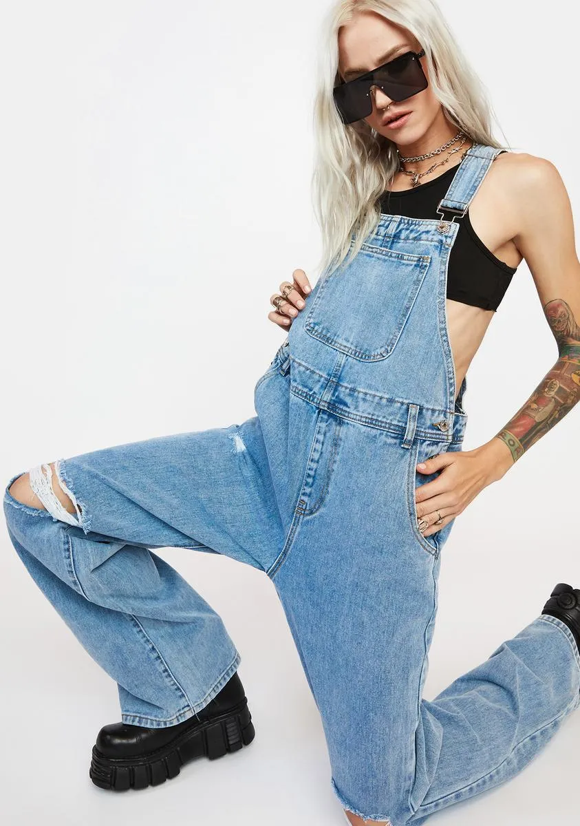 Long Leg Baggy Overalls With Knee Rips