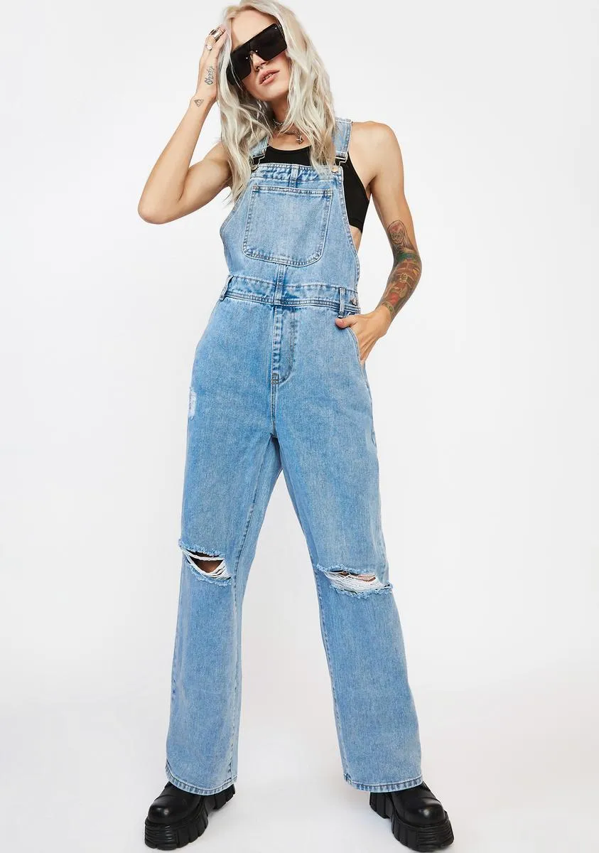 Long Leg Baggy Overalls With Knee Rips